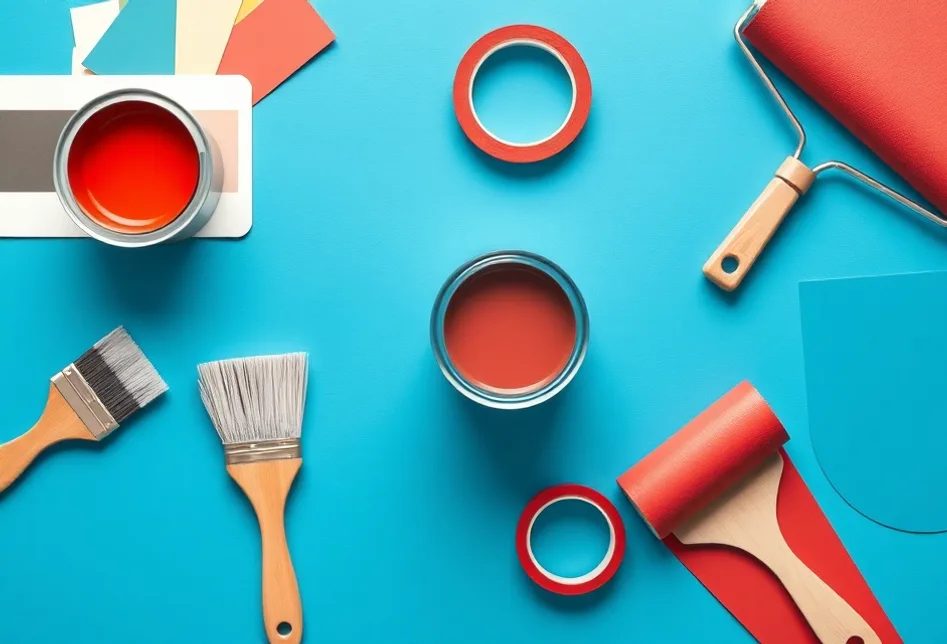 Pots de peinture, nuancier, brosses et rouleaux disposés à plat