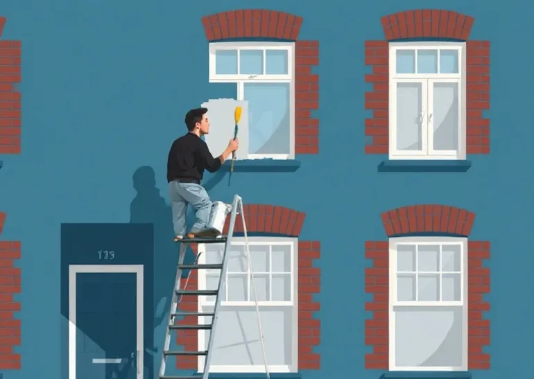 Peintre sur échafaudage traitant la façade d'une maison