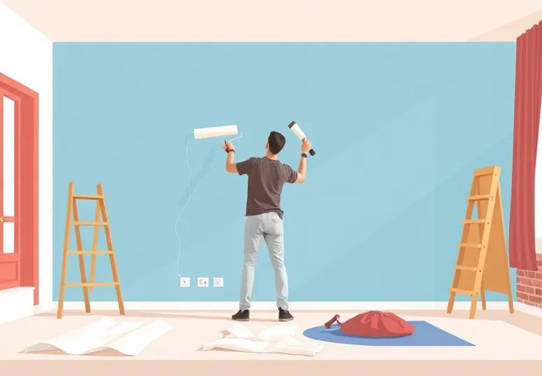 Peintre appliquant la peinture au rouleau sur un mur de salon